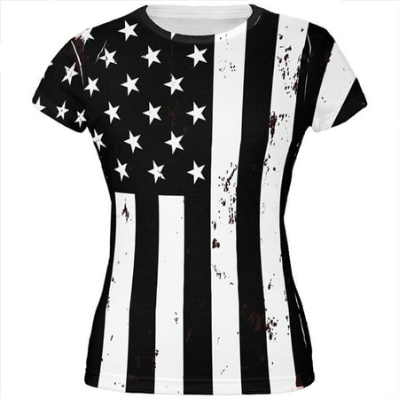 4th Of July Black And White Distressed American Flag All Over Juniors T-Shirt