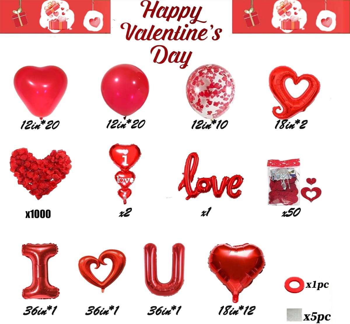 Valentines Day Balloon Kit, I Love You Balloons, Red Heart Balloons, Confetti Balloons with Rose Petals, Heart Hanging for Valentines Anniversary Day Wedding Romantic Decorations