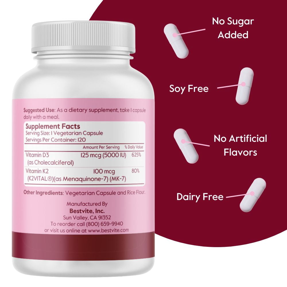 Bestvite Vegan Vitamin D3 5000 IU + Vitamin K2 100 mcg as MK-7 (120 Vegetarian Capsules) - No Stearates - Vegan - Non GMO - Gluten Free