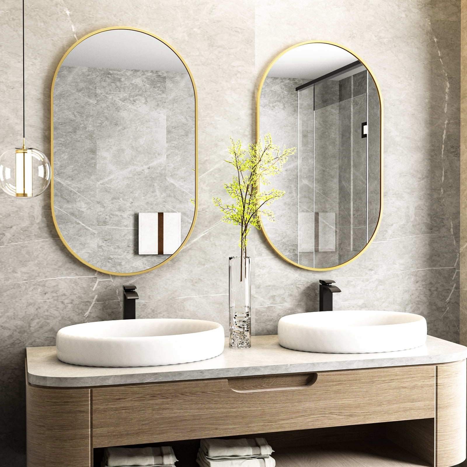 AUROMIR 24"x36" Bathroom Oval Mirror Wall-Mounted Vanity Mirror Aluminum Alloy Frame,Glod