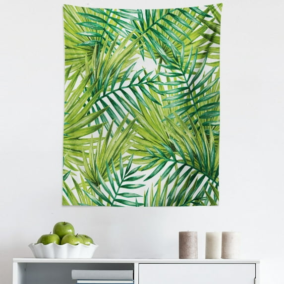 Plant Tapestry, Watercolor Tropical Palm Leaves Colorful Illustration Natural Feelings, Fabric Wall Hanging Decor for Bedroom Living Room Dorm, 5 Sizes, Fern Green Lime Green, by Ambesonne