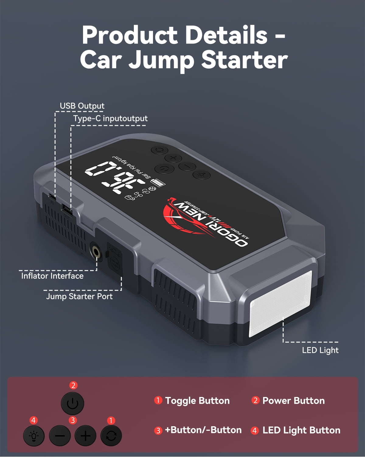OGORI 7000A Car Jump Starter with Air Compressor 150PSI, 12V Portable Jump Box Battery Booster Charger (Up to 10.0L Gas/8.0L Diesel), Car Jumper Starter with LCD Display & 3-in-1 Emergency LED Light
