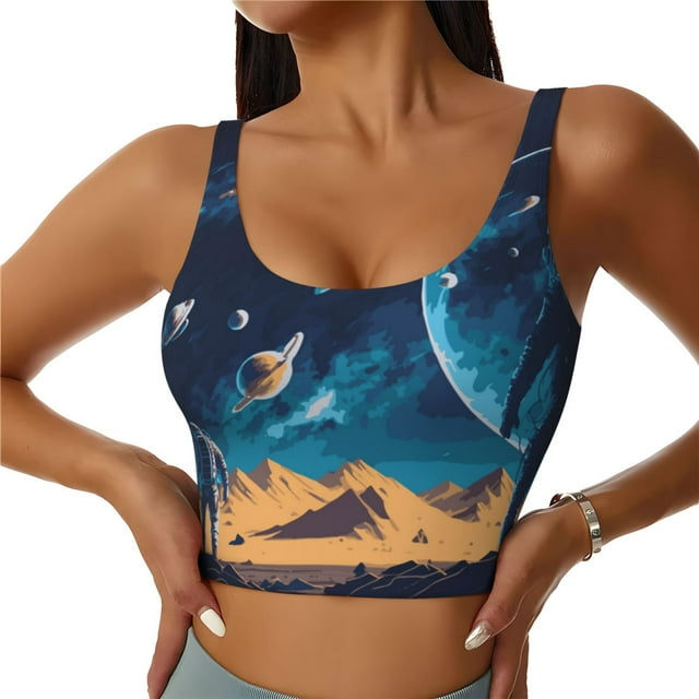 Fotbe Astronaut In A Space Suit On The Planet Sujetador Deportivo Largo sin Aros para Mujer con Almohadillas y Soporte Medio, Transpirable y Absorbente, Camiseta Tipo Chaleco o Tank Top-Large