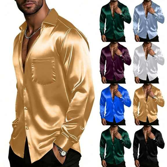 HomeDM Mens Satin Dress Shirts, Long Sleeve Button Down Shiny Shirts for Formal Casual Business Party Wedding, Gold