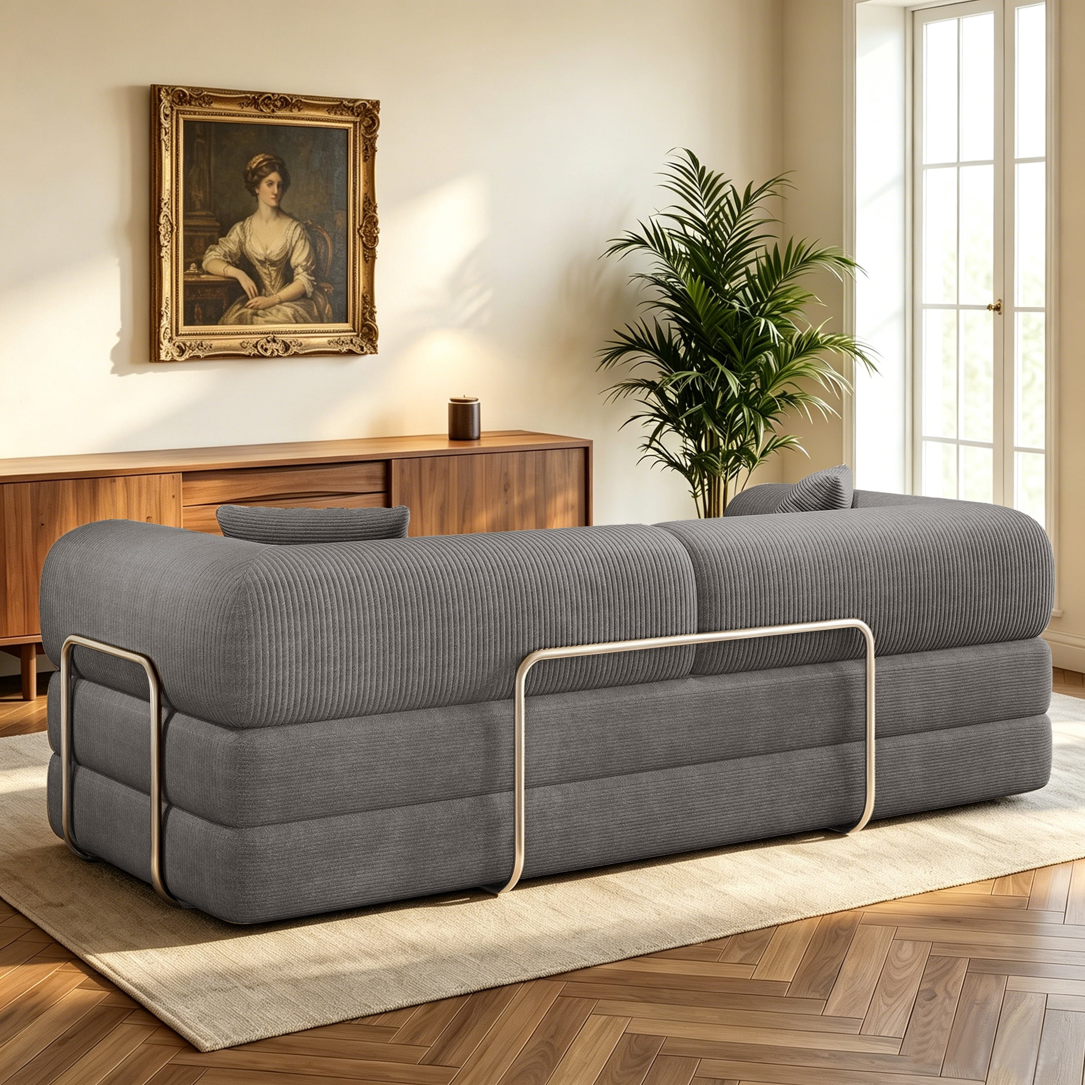 ANPPORT Convertible Sleeper Sofa Bed with Cylindrical Pillow, Corduroy Folding Mattress Couch with Fixed-Shape Frame, Floor Sofa Lounge Couch, Grey