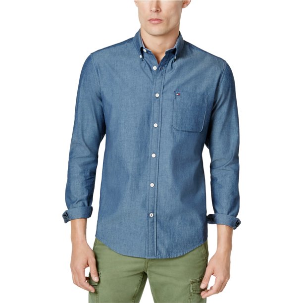 Tommy Hilfiger Camisa con botones de cambray para hombre, azul, pequeño