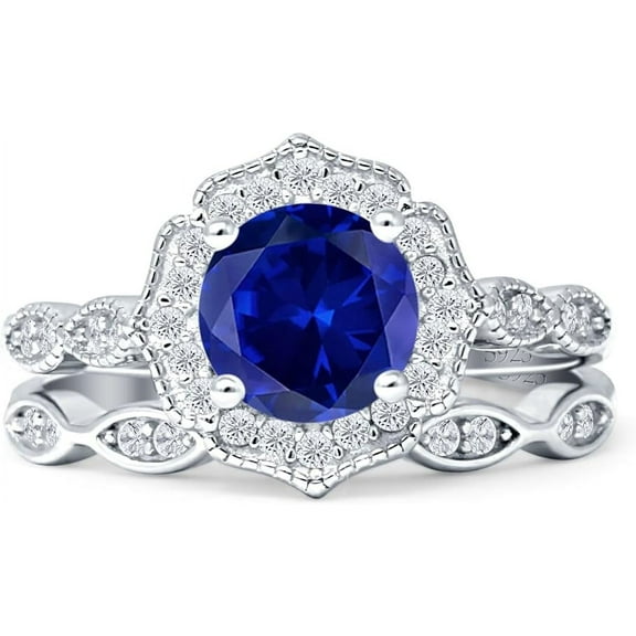 Two Piece Round Halo Floral Ring Blue Sapphire Cubic Zirconia 925 White Tone Sterling Silver, Size 10