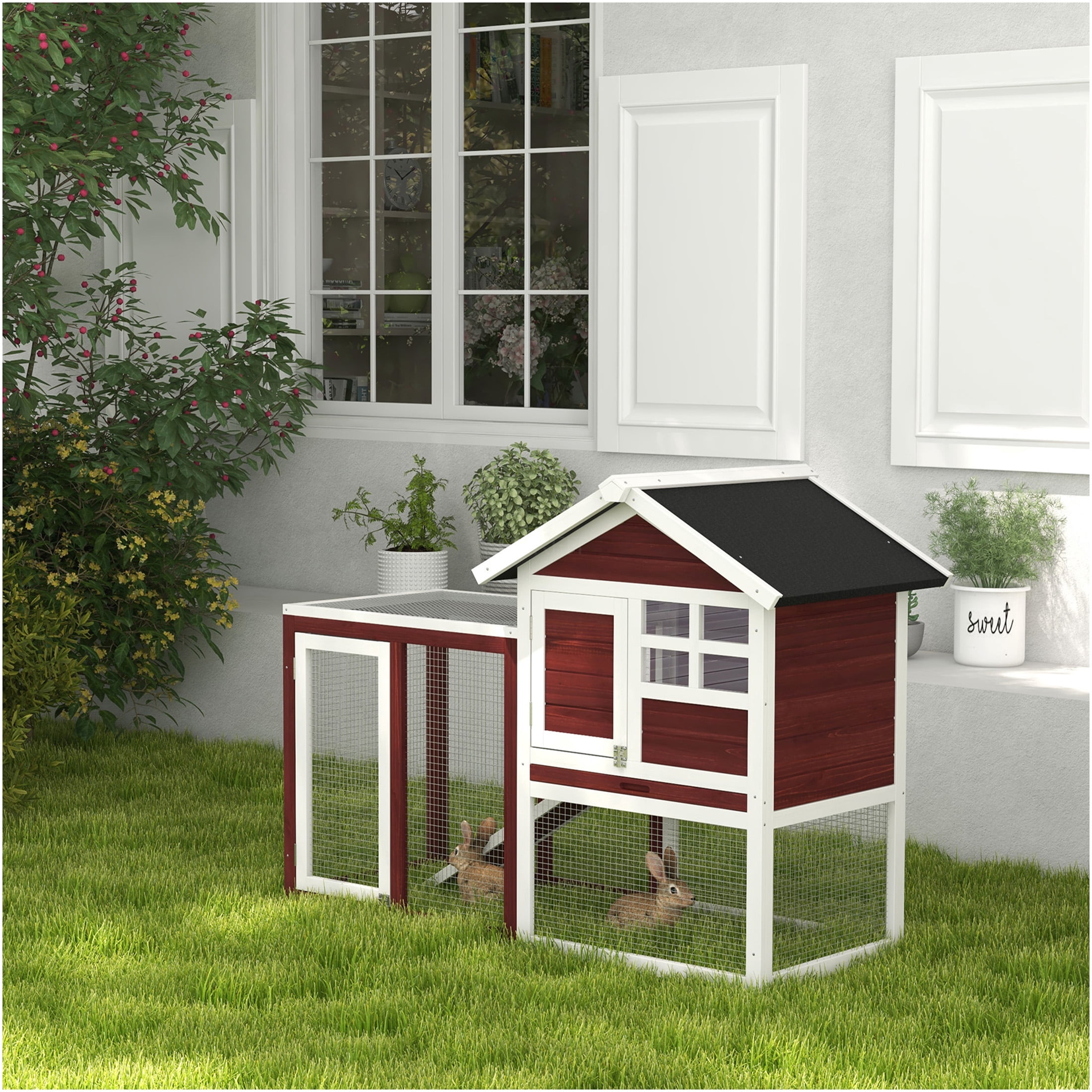 JERFIT 48 Inch Outdoor Rabbit Hutch with Waterproof Roof, Removable Tray, Ramp & Run for 2 Rabbits, Wooden Bunny Cage House, Brown