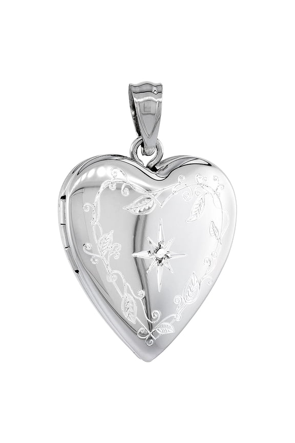 3/4 inch Sterling Silver Diamond Heart Locket Necklace for Women Engraved Star 24 inch RL_30H