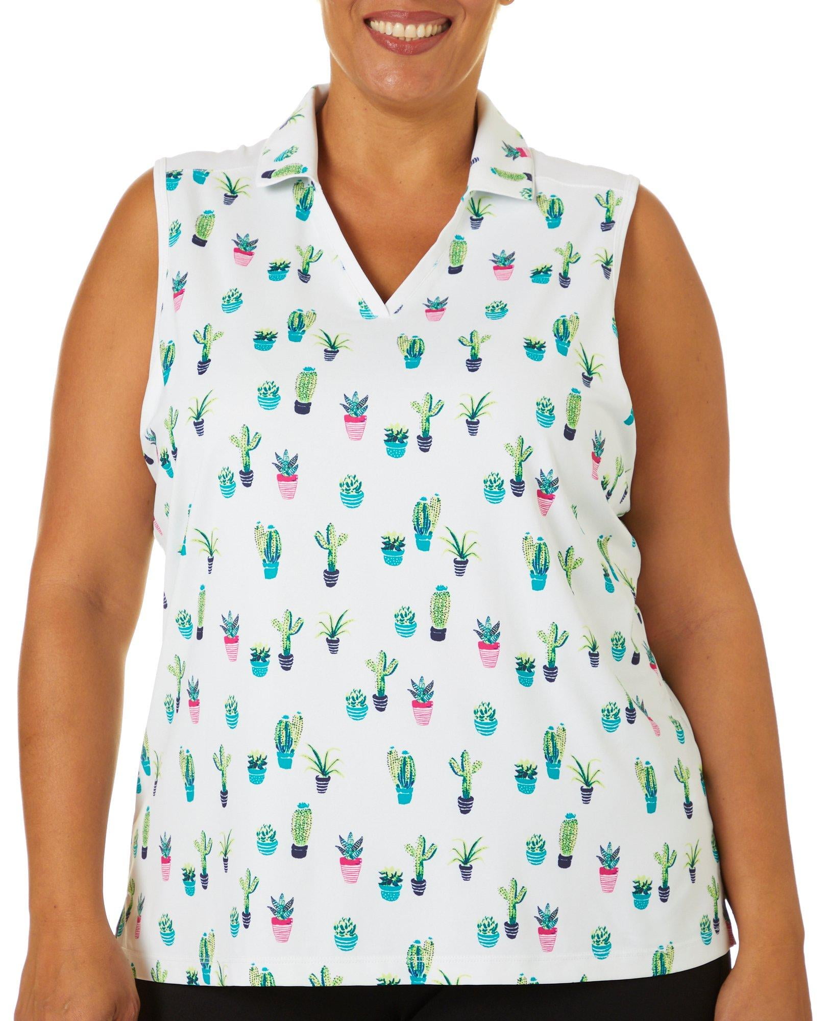 Lillie Green - Lillie Green Plus Cactus Print Sleeveless Polo Shirt 33