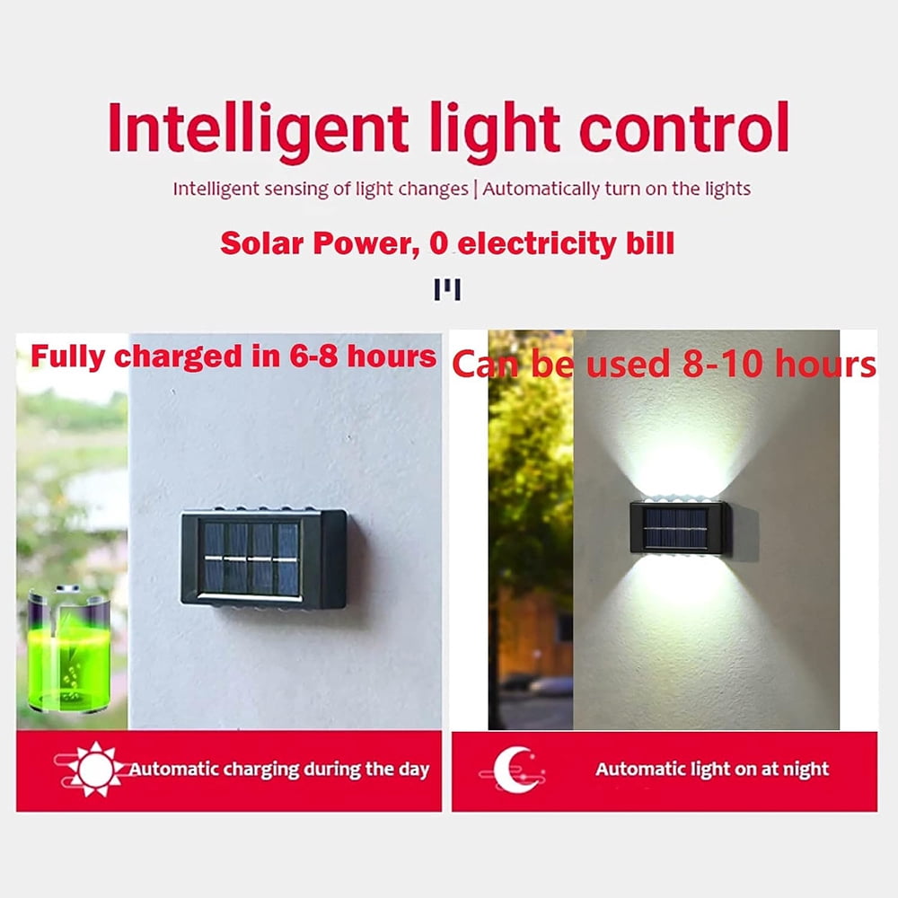 INTELIVE 4pcs Solar Wall Light with 10 LEDs, Wireless Solar LED Wall Light Top and Down Outdoor Garden Lamp for Garden Patio Hallway Stairs, White Light Color