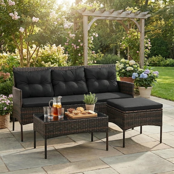 Topcobe 3 Pieces Patio Furniture Sectional Set with 5 Cozy Cushions, Modern Patio Furniture for Outdoor, Backyard, Garden, Deck-Black