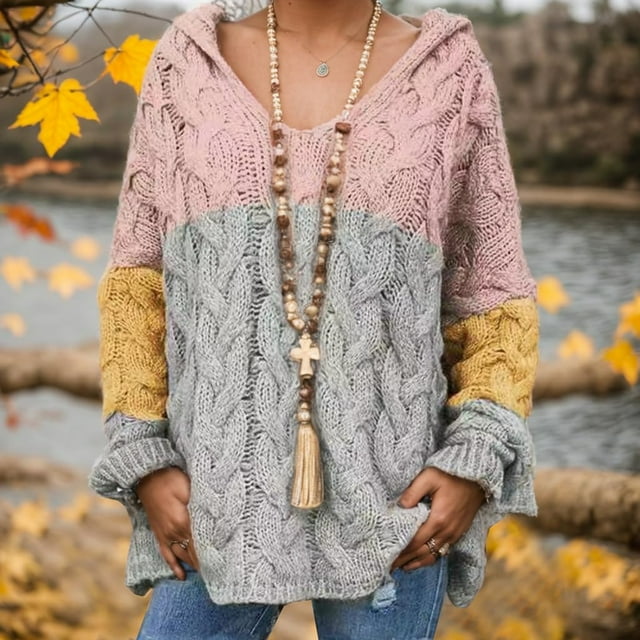 CHCNHAC Womens Oversized Chunky Loose Cable Knitted Pullover Fall Casual Dressy Long-Sleeve Hooded Sweaters