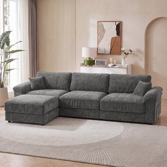 118" Modular Cloud Sectional Sofa, 4 Seater Chenille Deep Seat Couch with Movable Ottoman & 2 Pillows, Grey, for Living Room, Bedroom, Apartment
