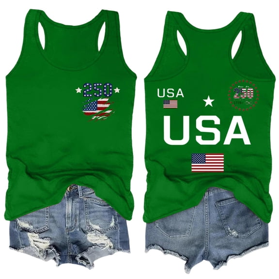 Sewkxo 4th of July Independence Day Tanks Tops Womens 250 Anniversary USA Patriotic Crew Neck American Flag Print Tank Top,Green M