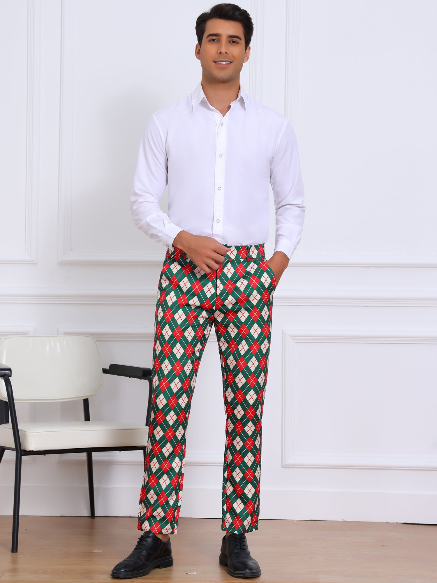 DARING DIVA Men's Argyle Pattern Flat Front Retro Plaid Printed Golf Pants 36 Green Red