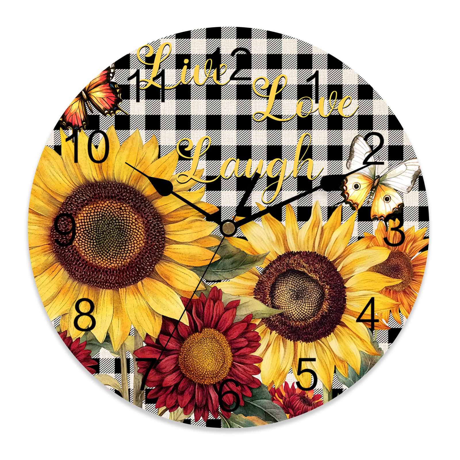 Silent Wall Clocks Battery Operated, Butterfly Sunflower Round Decorative Wall Clock for Living Room Bedroom Kitchen Bathroom Classroom Decor, 14 Inch Live Love Laugh Black Plaid