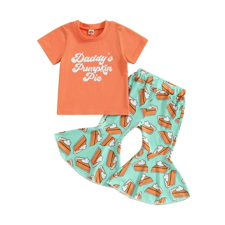 

Wassery Toddler Girl 2Pcs Thanksgiving Clothes Short Sleeve Letter Pie Print Tops Pumpkin Pattern Flare Pants Outfit 6M-4T
