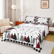 Manfei Kids Happy Christmas Twin Sheet Sets, Buffalo Xmas Tree Twin Fitted Sheet, Cartoon Snowflake Print Flat Sheet, Lightweight Room Decor, 3-Piece