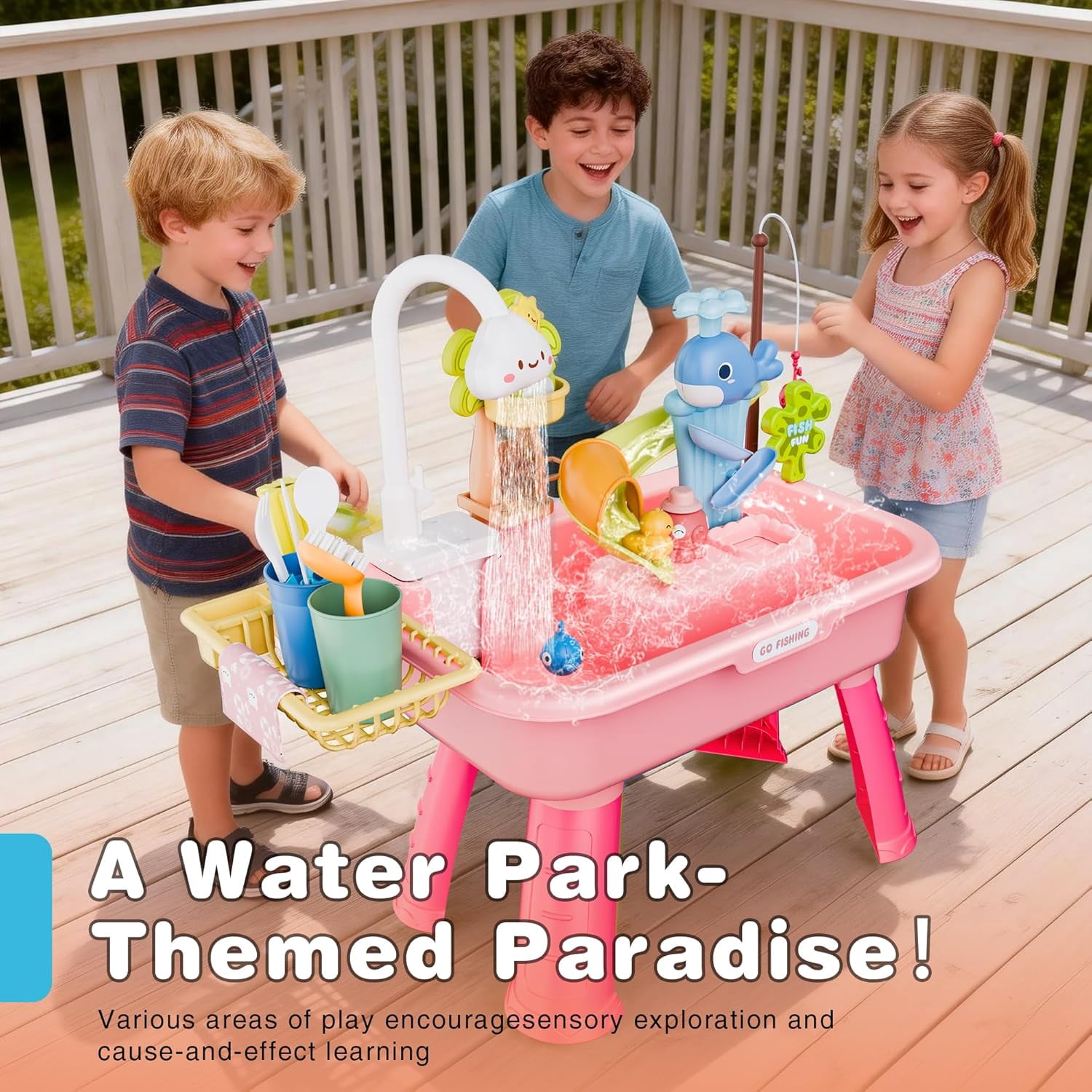 Kids Water Table Play Set with Electric Water Pump, Faucet, Fishing Game and Kitchen Accessories for Ages 3+