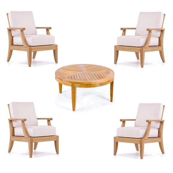 Lagos 5 Pc Lounge Chair Set: 4 Lounge Chairs & 39" Round Coffee Table With Cushions in Sunbrela Fabric #57003 Canvas White
