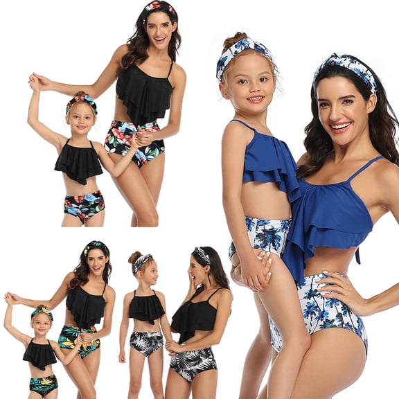 LYMAYTER Mommy and Me Swimsuit Ruffle Family Matching Swimwear Two Pieces Bikini Bathing Suit Summer Beachwear