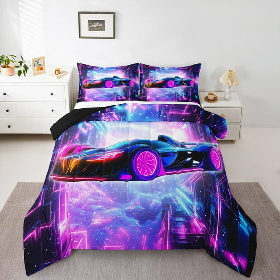 Homewish Futuristic Race Car Bedding Comforter Set, Modern Extreme Sports Twin Comforter Sets, Teens Kids Boys Girls Reversible Bedding Set, Microfiber Bedroom Decor, 2-Piece