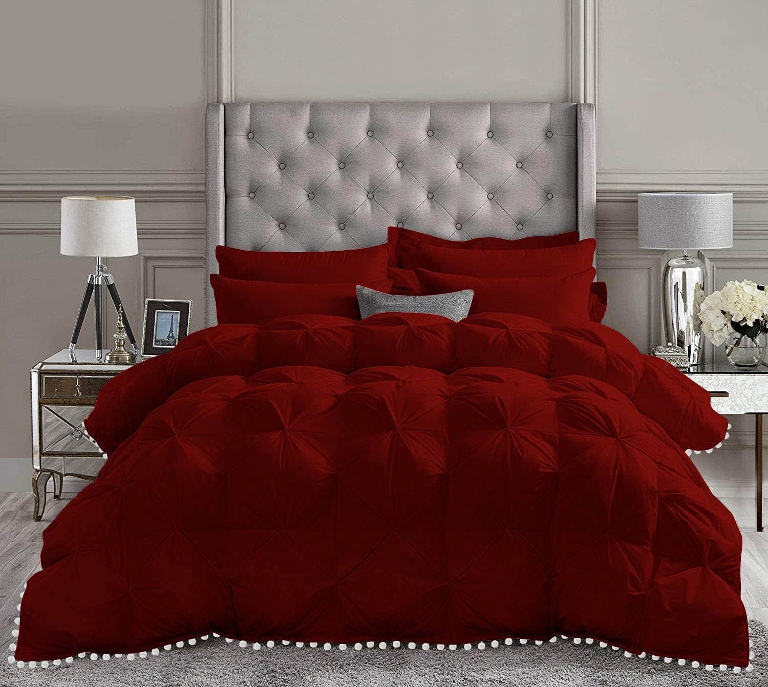 D.N.G. BEDDINGS Luxurious 3 Piece Pom Pom Pinch Pleated Comforter Set, 800 Thread Count, 100% Egyptian Cotton, White Vintage Pom-Pom Fringe (Oversized Super King Size Solid Burgundy Color)