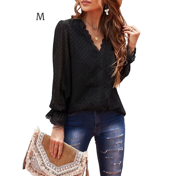 Qarigey Camiseta de mujer Blusa casual de manga larga con cuello en V de encaje de color sólido Prendas para la parte del cuerpo negro M