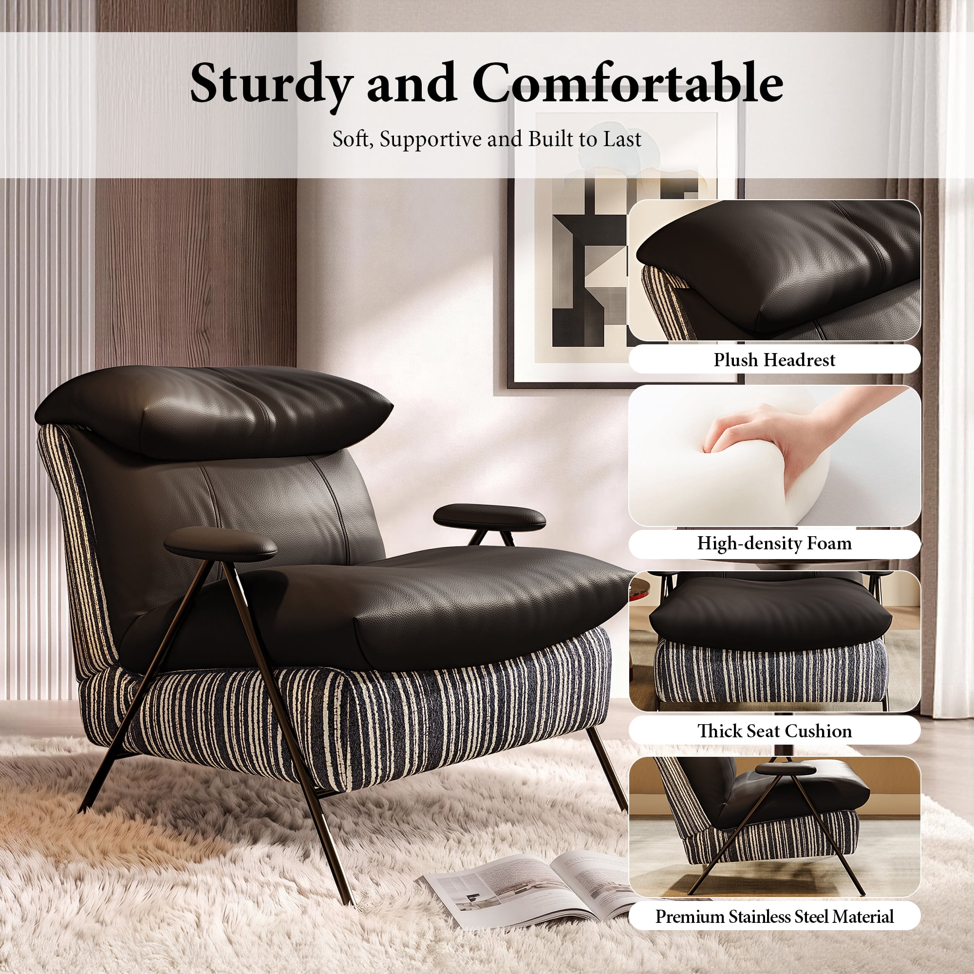Aukfa PU Accent Chair, Modern Upholstered Armchair with Thick Padded Seat and Back for Living Room & Bedroom, Black