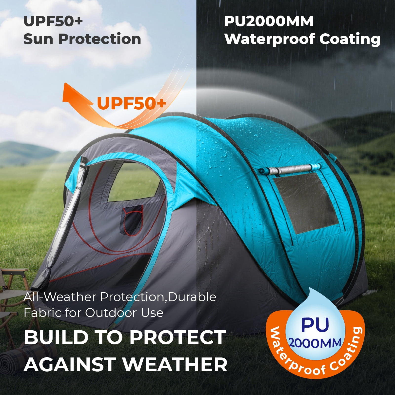 3-4 Person Instant Pop-Up Camping Tent, Waterproof 210T Polyester Tent with Front Awning, Dual Mesh Doors & Storage Pockets, Portable for Camping Beach Festival Backyard