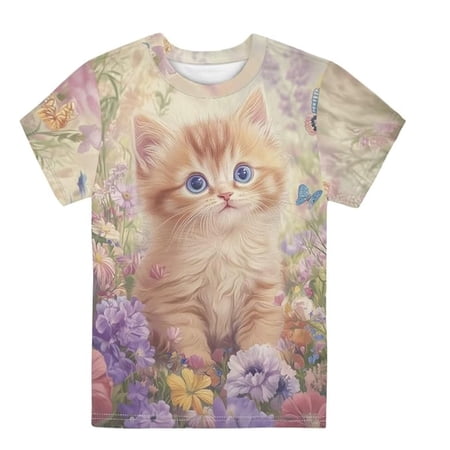 JAJAHO Girls Cute Graphic Tees Casual Cat Print Short Sleeve T Shirts For Kids Lightweight Everyday Top 3-16 Years Trendy Tops