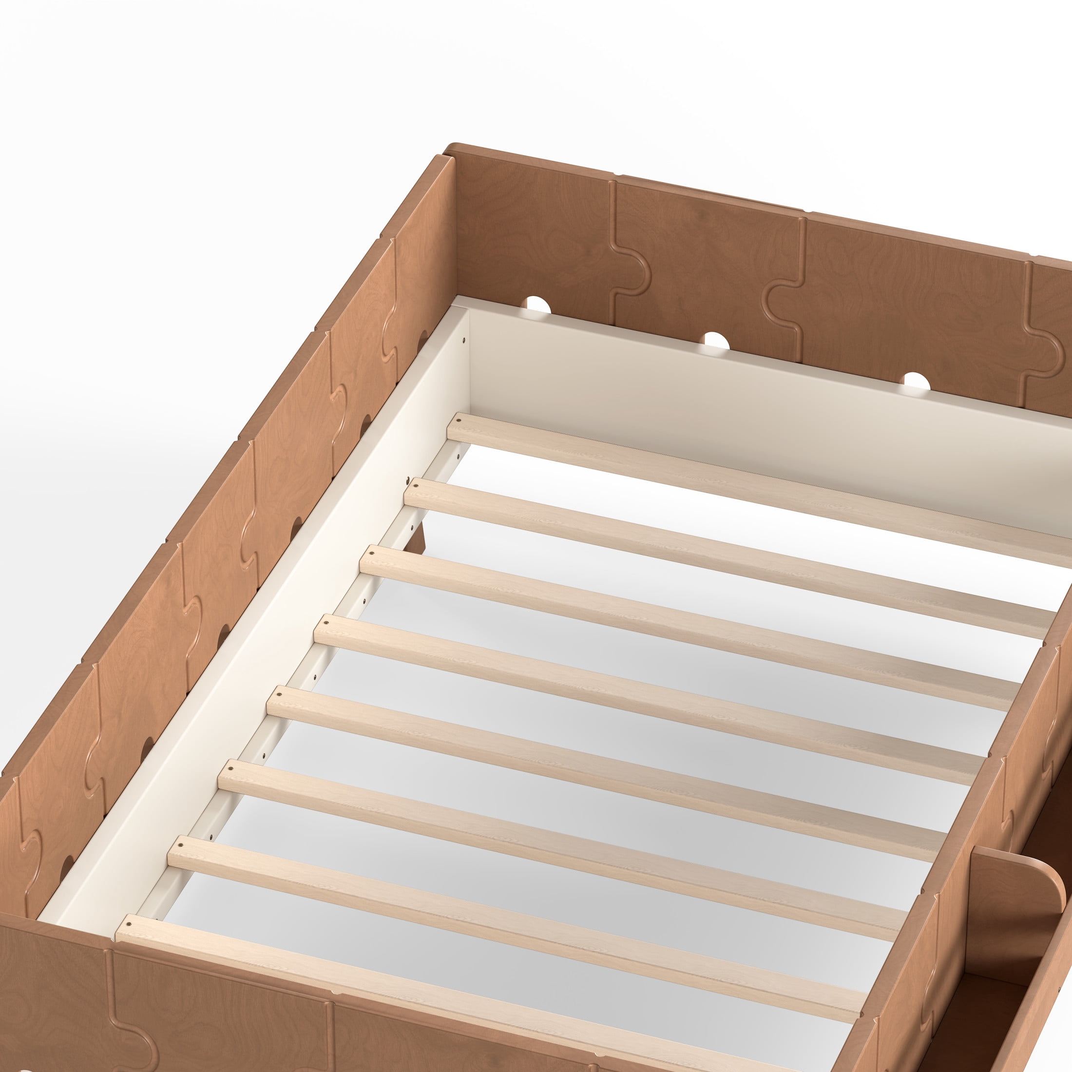 GDF Studio Twin Size Montessori Floor Bed with Guardrails & Bookshelves, Building Block Design, Beige+Brown