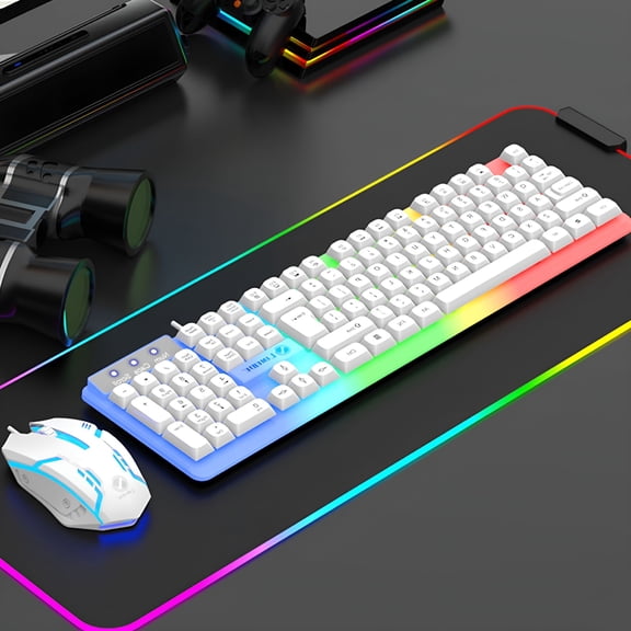 GJX White Gaming Keyboard and Mouse Set, RGB Wired Combo, Floating Keycaps, Mechanical Feel Keypad, PC Gamer Accessories