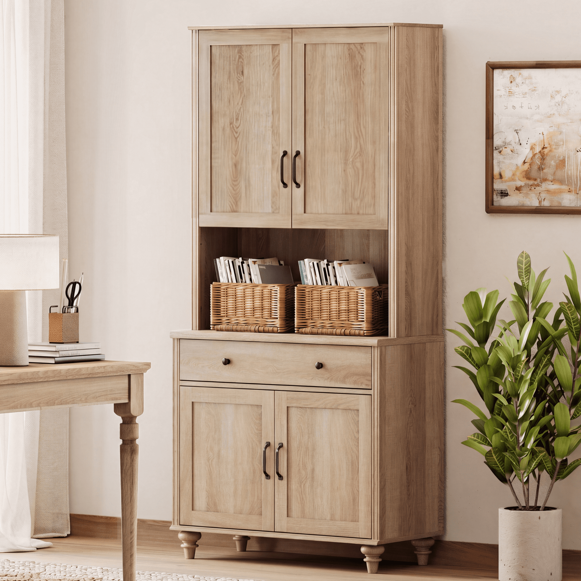 72"H × 34"W Farmhouse Wooden Library Bookcase with Spacious Storage Cabinet, Freestanding Bookshelf for Living Room, Office & Study Room, Oak