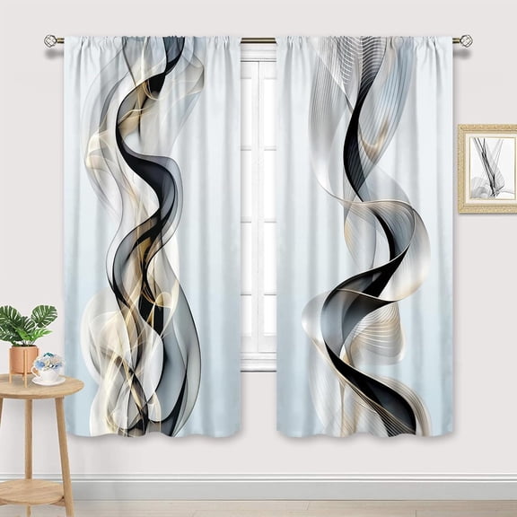 Abstract Black Gold Curtains 42Wx63H Inch Rod Pocket Modern Grey Minimalist Ombre Luxury Ink Texture Contemporary Art Printed Aesthetic Living Room Bedroom Window Drapes Treatment 2 Panels