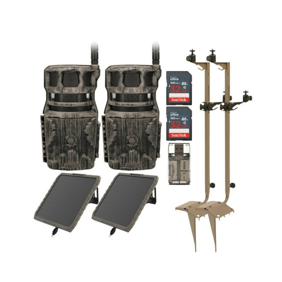 Stealth Cam Revolver 40MP Pro 360 Degree Cellular Trail Camera (2-Pack) Bundle with Mounting Post (2-Pack), FieldMAX Solar Battery (2-Pack), 32GB Memory Card (2-Pack) and Card Reader (9 Items)