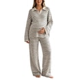 thumbnail image 3 of LEKWK Maternity Pajamas Striped Lounge Lounge Set Collared Long Sleeve Top and Wide Leg Pants Adjustable Waistband Hospital Bag Postpartum Pregnancy Pjs, 3 of 9