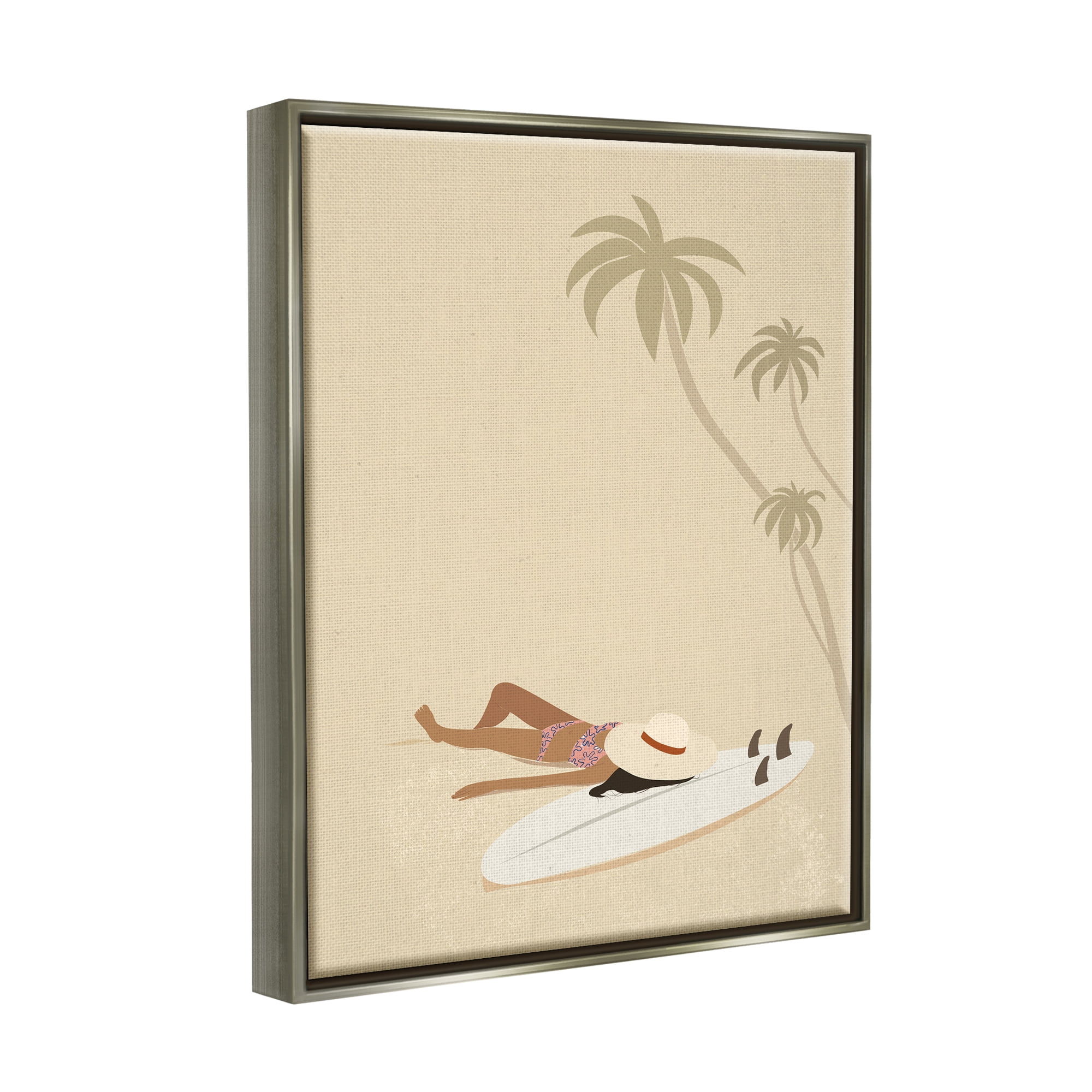 Stupell Industries Beige Summer Sunbathing Girl Coastal Painting Gray Floater Framed Art Print Wall Art