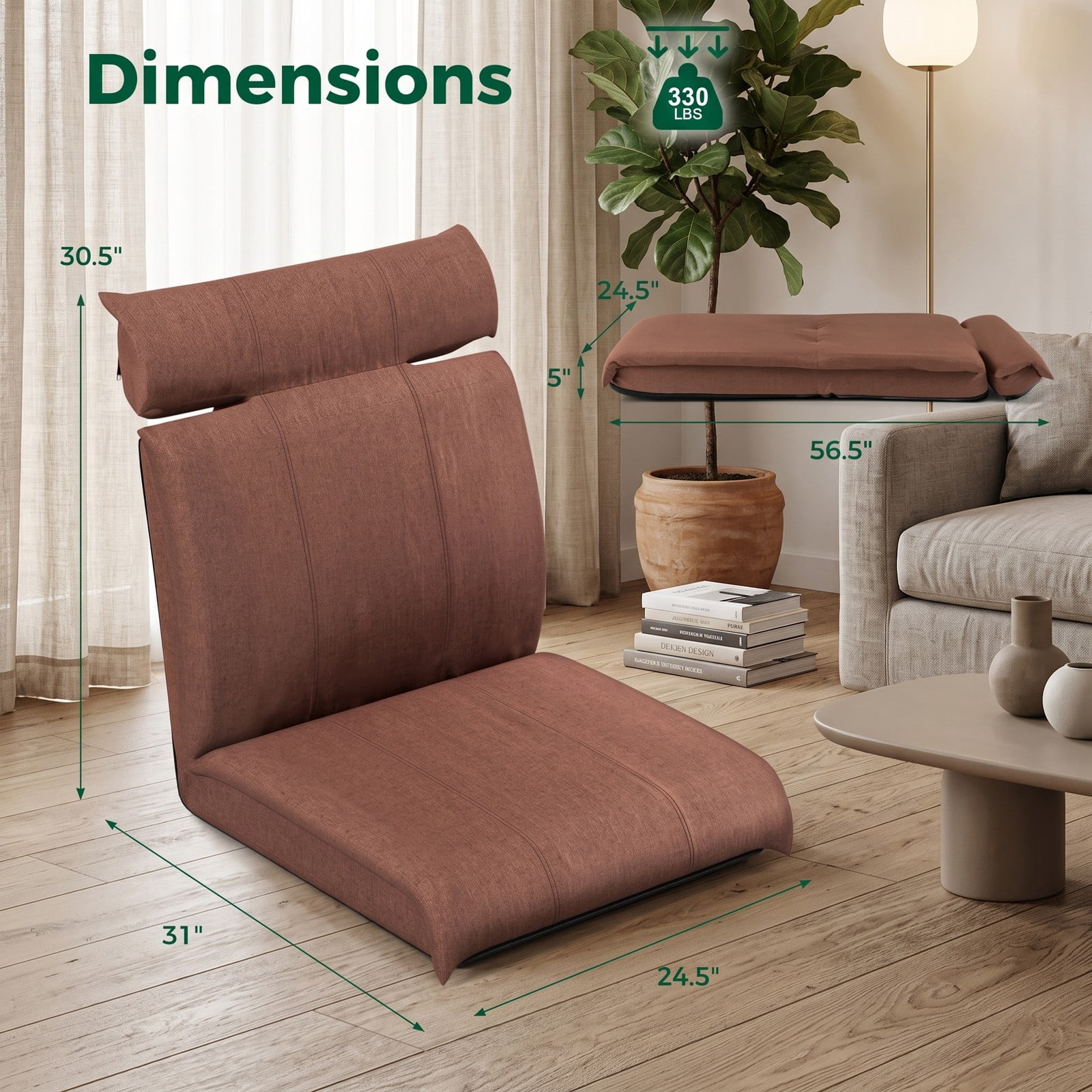 Furnibear Folding Floor Chair Lazy Sofa Lounger with 14-Position Adjustable Backrest and 5-Position Headrest, Linen Padded Recliner for Gaming Reading, Brown