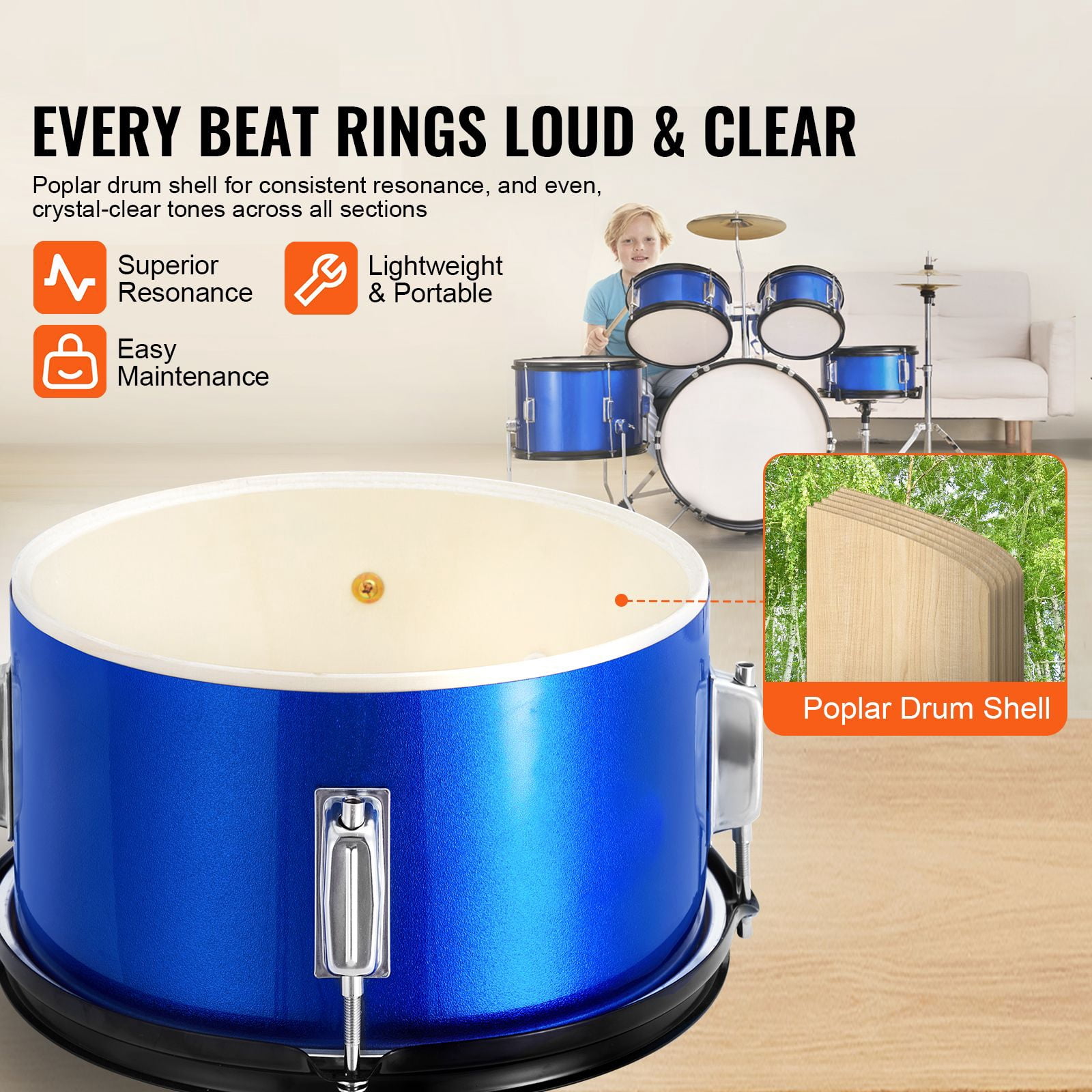 Kids Drum Set, 5-Piece, 16 in Beginner Full Drum Set with Bass Toms Snare Floor Drum Adjustable Throne Cymbal Hi-Hat Pedal and Two Pairs of Drumsticks, Starter Drum Kit for Child Kids, Blue