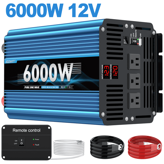 6000 Watt Pure Sine Wave Power Inverter 12V DC to 110V 120V Converter for Family RV Off Grid Solar System Car with Type-C Ports 3 AC Power Outlets USB Ports LCD Display and Remote Control,blue