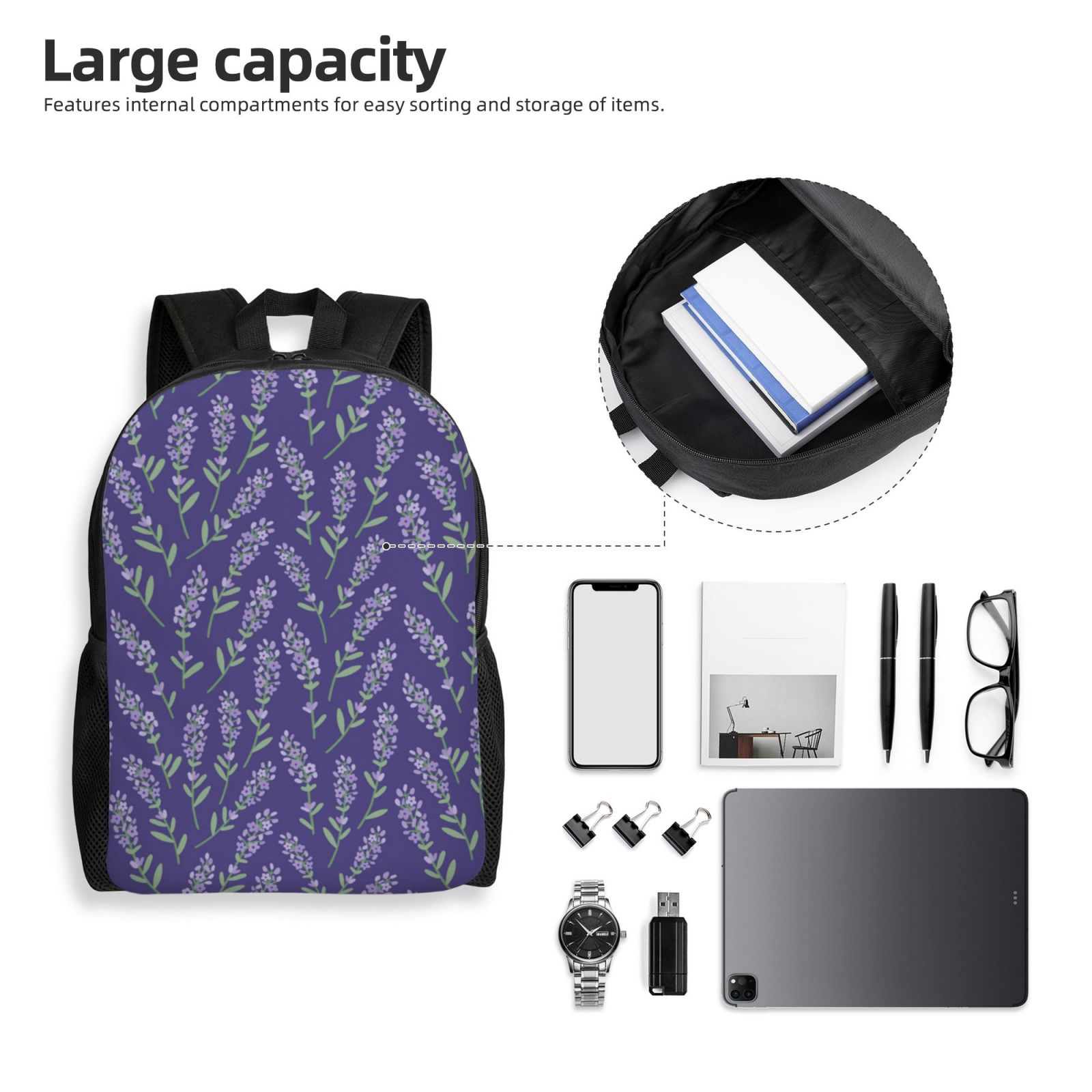 Xecao Lavender Flowers Print School Backpack with Laptop Compartment Small Travel Laptop Backpack for Women Men Waterproof College Backpack Simple School Bag