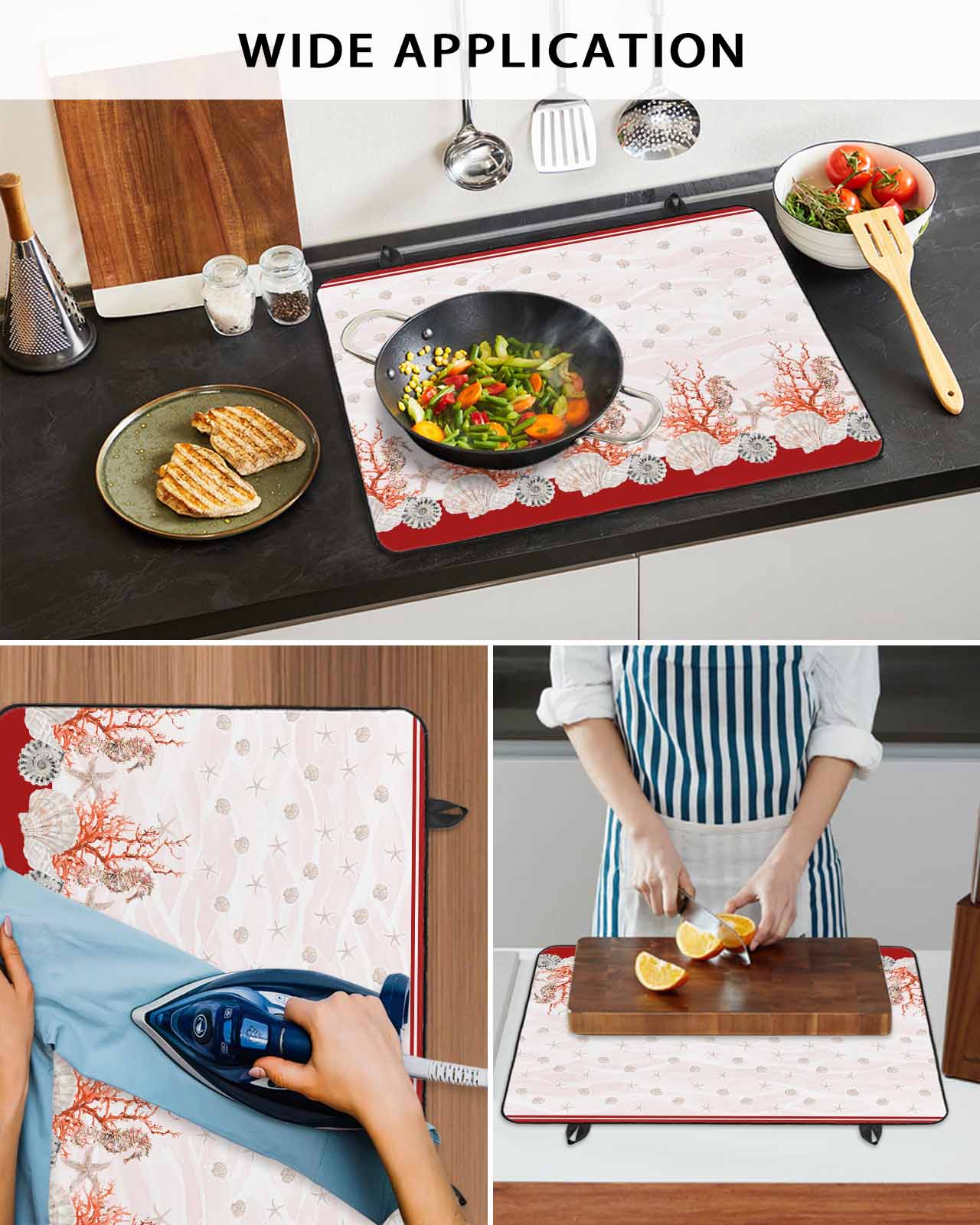 nqOlkjepod Large Induction Cooktop Protector Mat 36"x21", Red Coastal Shell Stove Top Covers for Electric Stove, Nautical Seahorse Coral Stripes Stove Burner Cover Mats, Glass Top Stove Cover