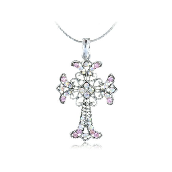 Vintage Pink Rose Aurora Rhinestone Floral Statement Cross Pendant Necklace