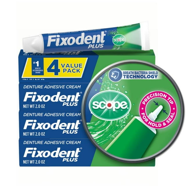 Adhesivo para dentaduras Fixodent Plus Scope Secure, 60 ml (paquete de 4)