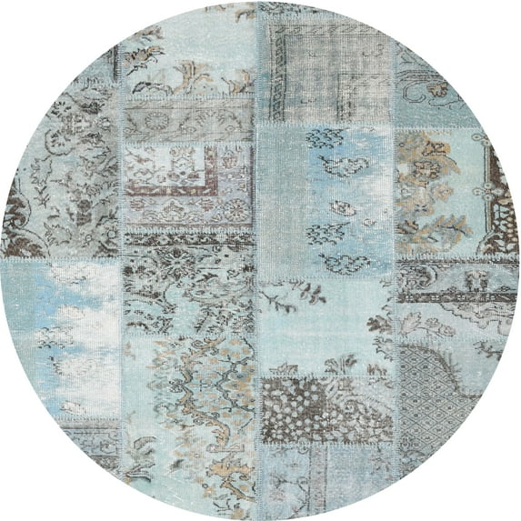 Ahgly Company Indoor Round Contemporary Light Steel Blue Patchwork Area Rugs, 3' Round