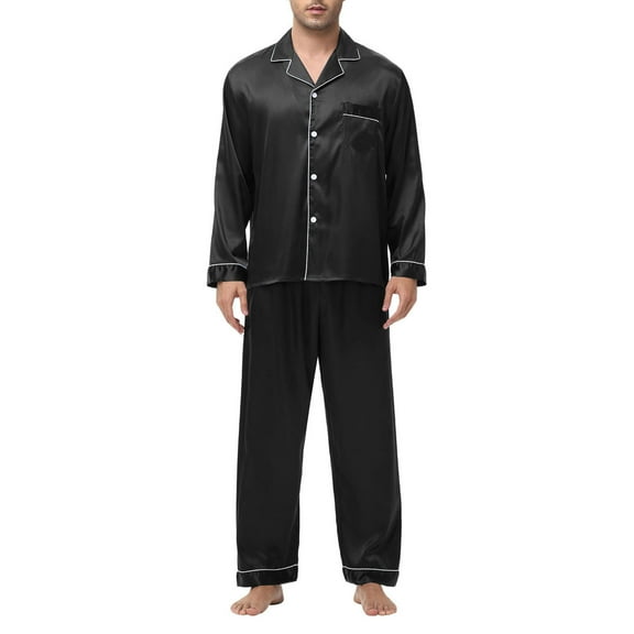 snilers Mens Pajamas Set Silk Satin Loungewear Set Long Sleeve Shirts and Pants 2 Piece Sets Casual Trendy Lounge Sets