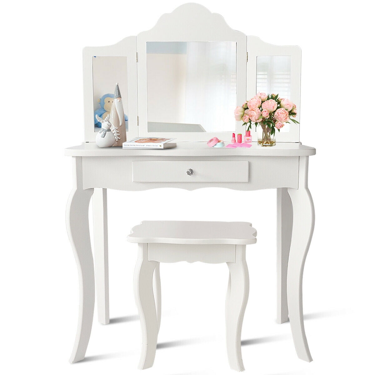 Costway Vanity Table Set Makeup Dressing Table Kids Girls Stool Mirror Walmartcom Walmartcom