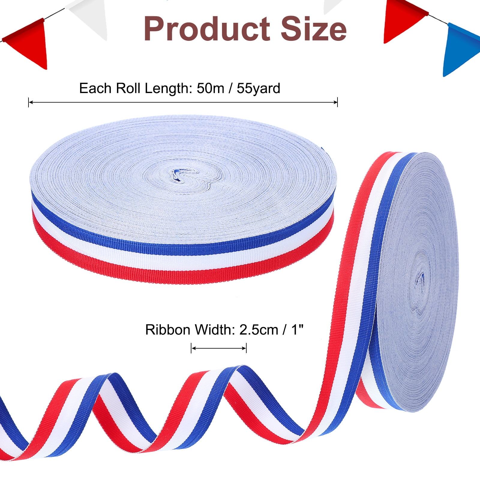 Uxcell 1" Red White Blue Striped Grosgrain Ribbon 55 Yard Polyester Stripe Ribbon